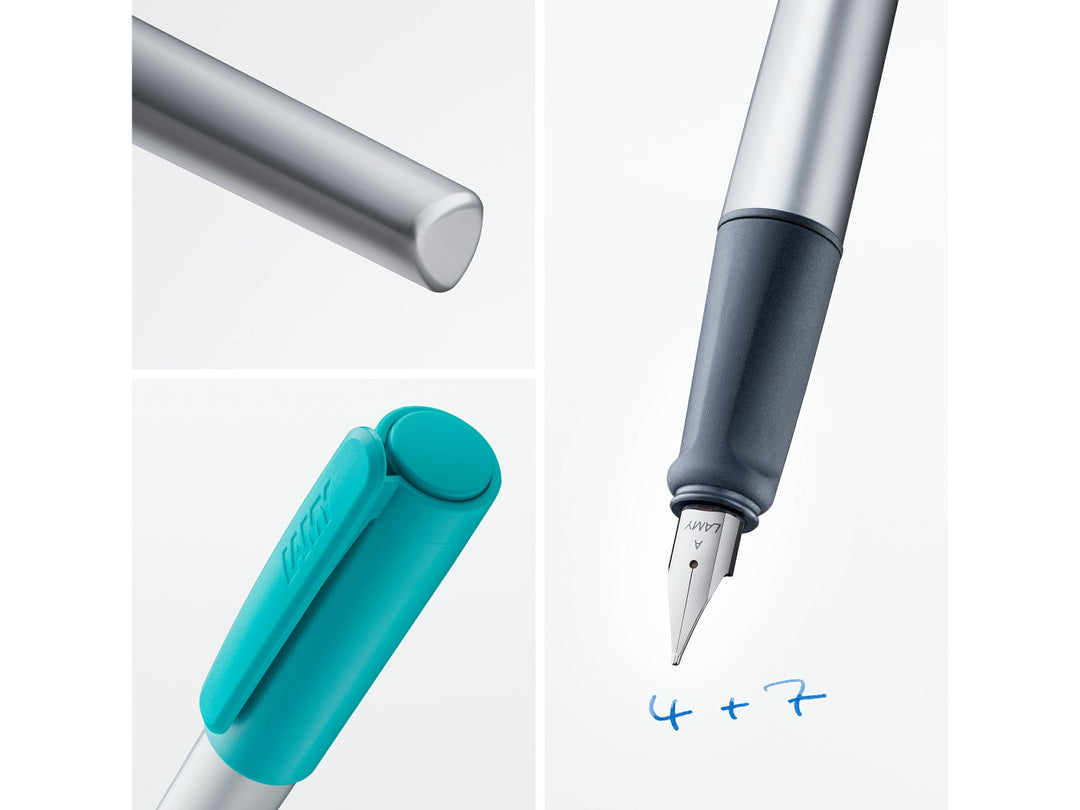 LAMY nexx fountain pen feature image showcasing ergonomic soft grip, anodised aluminium body, polished steel nib and green cap