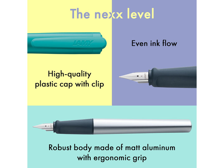 LAMY nexx fountain pen feature image showcasing matt aluminium body, soft ergonomic grip section, polished steel nib and green cap
