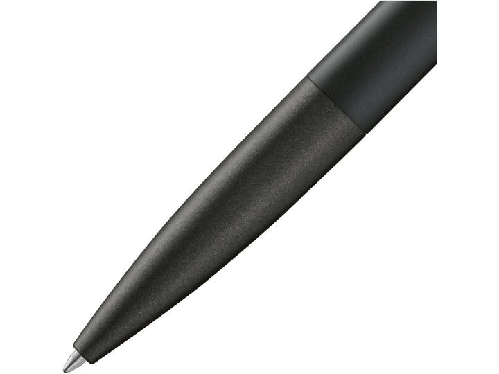 Close-up of the LAMY noto Ballpoint Pen in All Black Special Edition featuring the streamlined tapered tip, matte black finish and minimalist award-winning design by Naoto Fukasawa