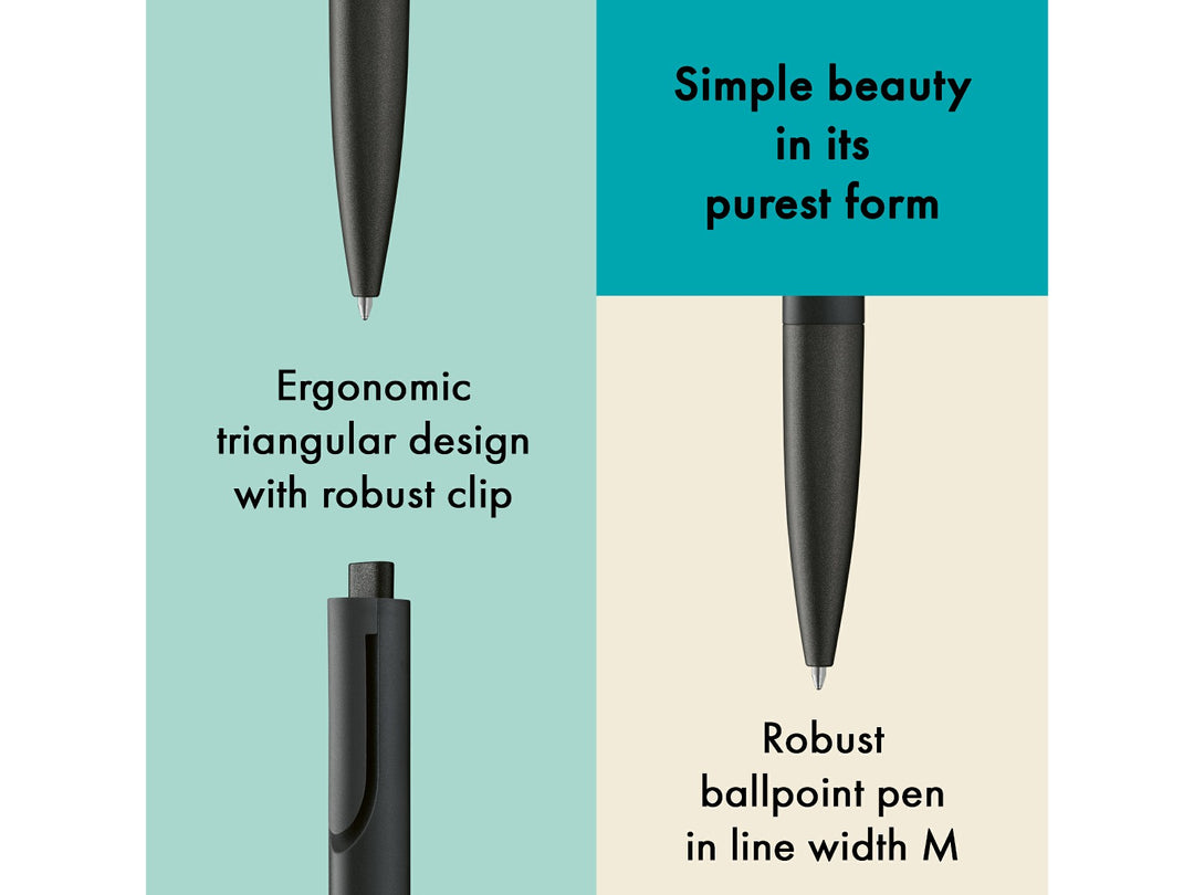 Infographic highlighting the minimalist design of the LAMY noto Ballpoint Pen All Black Special Edition, showcasing the ergonomic triangular body, integrated clip, monochrome black finish, push-button mechanism and smooth medium-width ballpoint writing performance