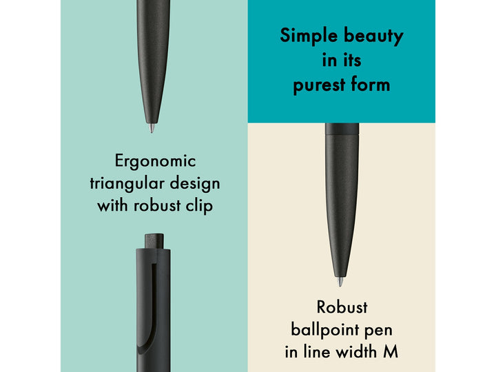 Infographic highlighting the minimalist design of the LAMY noto Ballpoint Pen All Black Special Edition, showcasing the ergonomic triangular body, integrated clip, monochrome black finish, push-button mechanism and smooth medium-width ballpoint writing performance