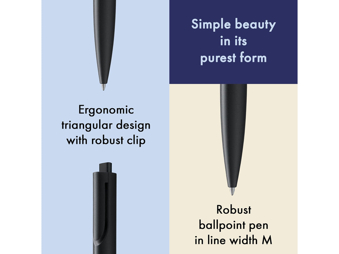 Infographic highlighting the minimalist design of the LAMY noto Ballpoint Pen in Black, showcasing the ergonomic triangular body, integrated clip, push-button mechanism and smooth medium-width ballpoint writing performance