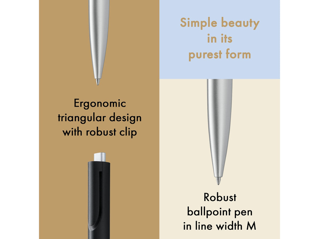 Infographic highlighting the minimalist design of the LAMY noto Ballpoint Pen in Black-Silver, showcasing the ergonomic triangular body, integrated clip, silver lower barrel, push-button mechanism and smooth medium-width ballpoint writing performance