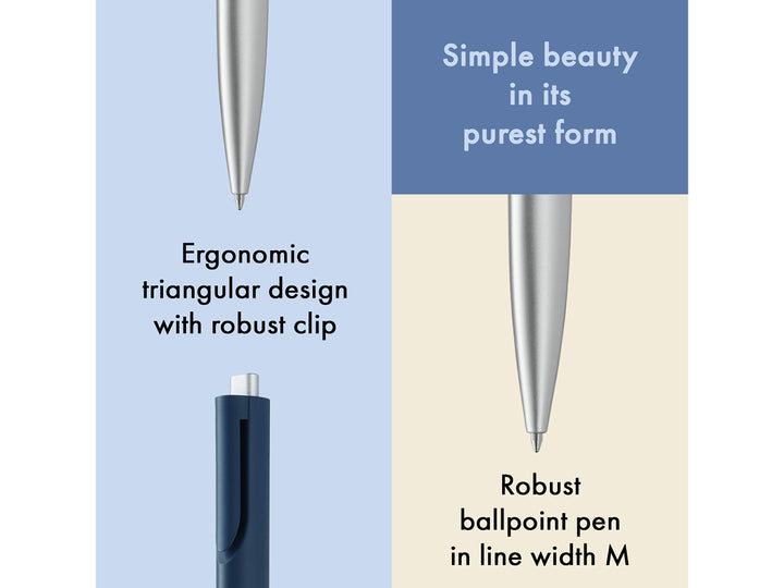 Infographic highlighting the minimalist design of the LAMY noto Ballpoint Pen in Blue-Silver, showcasing the ergonomic triangular body, integrated clip, contrasting blue upper barrel, silver lower barrel, push-button mechanism and smooth medium-width ballpoint writing performance