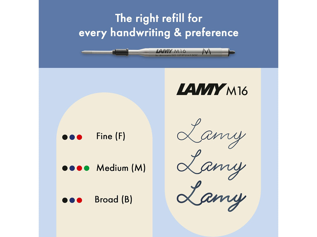 Infographic showing LAMY M16 ballpoint refill compatibility for the LAMY noto Ballpoint Pen, including Fine, Medium and Broad line widths, available black, blue, red and green ink colours, and handwriting samples demonstrating line width differences