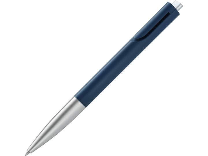LAMY noto ballpoint pen in Blue-Silver featuring an ergonomic triangular body, integrated clip design, silver lower barrel and black medium LAMY M16 ballpoint refill