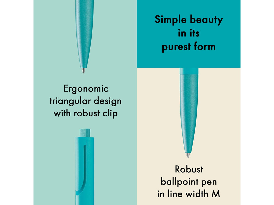 Infographic highlighting the minimalist design of the LAMY noto Ballpoint Pen in Turquoise, showcasing the ergonomic triangular body, integrated clip, textured turquoise finish, push-button mechanism and smooth medium-width ballpoint writing performance