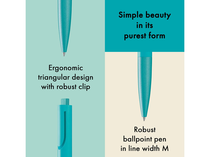Infographic highlighting the minimalist design of the LAMY noto Ballpoint Pen in Turquoise, showcasing the ergonomic triangular body, integrated clip, textured turquoise finish, push-button mechanism and smooth medium-width ballpoint writing performance