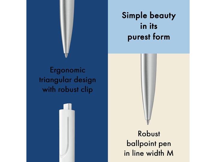 Infographic highlighting the minimalist design of the LAMY noto Ballpoint Pen in White-Silver, showcasing the ergonomic triangular body, integrated clip, contrasting white upper barrel, silver lower barrel, push-button mechanism and smooth medium-width ballpoint writing performance