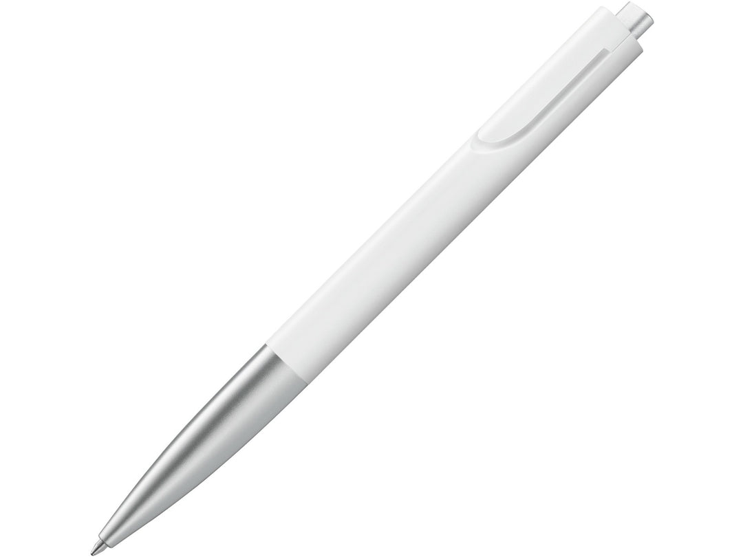 LAMY noto ballpoint pen in White-Silver featuring an ergonomic triangular body, integrated clip design, silver lower barrel and black medium LAMY M16 ballpoint refill