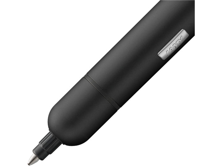 Close-up of the LAMY pico ballpoint pen in black, showing the extended writing tip, matte finish and compact pocket-sized design.
