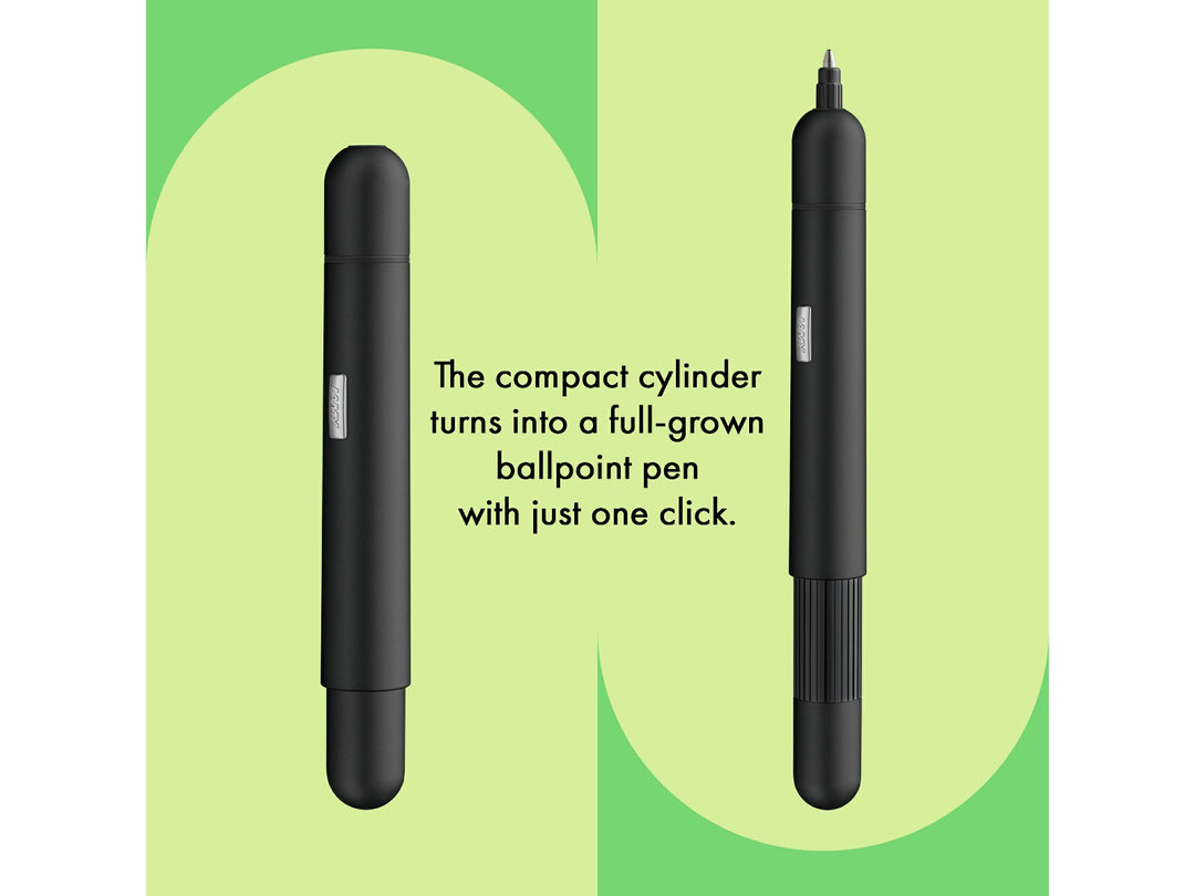 Infographic showing the LAMY pico ballpoint pen in black transforming from a compact pocket-sized pen into a full-size writing instrument with its innovative double push mechanism.