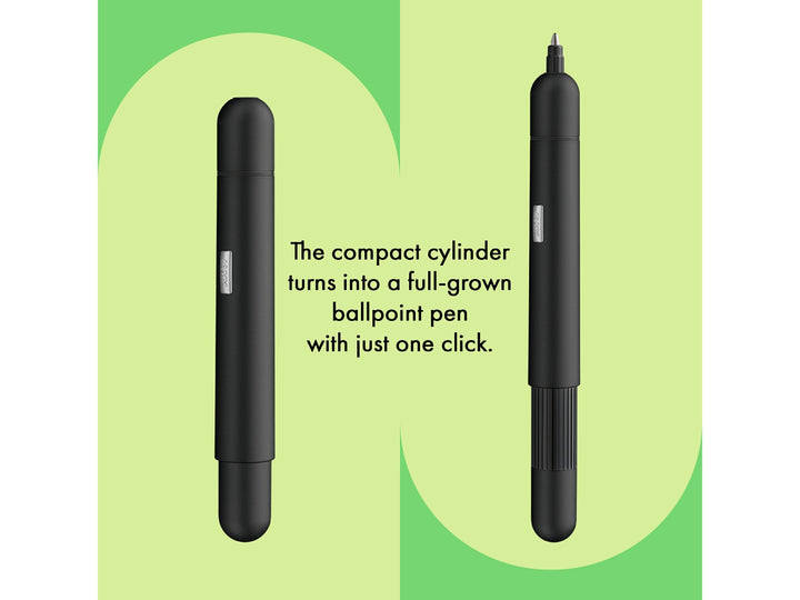 Infographic showing the LAMY pico ballpoint pen in black transforming from a compact pocket-sized pen into a full-size writing instrument with its innovative double push mechanism.