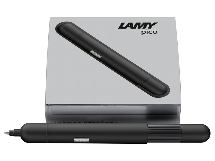 LAMY pico ballpoint pen in black displayed with LAMY presentation box, highlighting the compact pocket-sized design and innovative double push mechanism.
