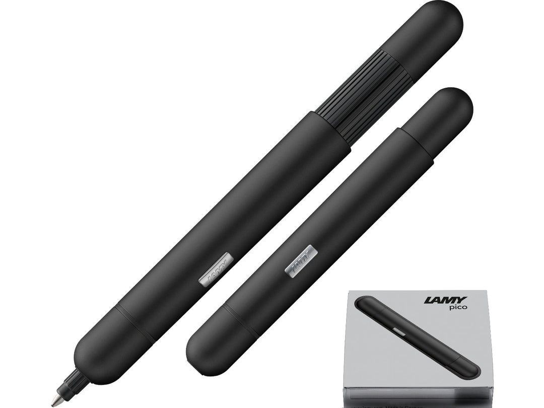 LAMY pico ballpoint pen in black shown in both compact and extended writing positions with LAMY gift box.