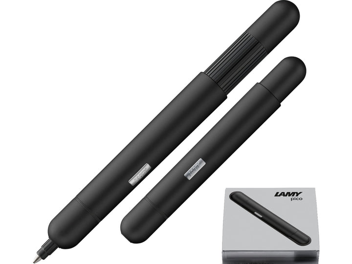 LAMY pico ballpoint pen in black shown in both compact and extended writing positions with LAMY gift box.