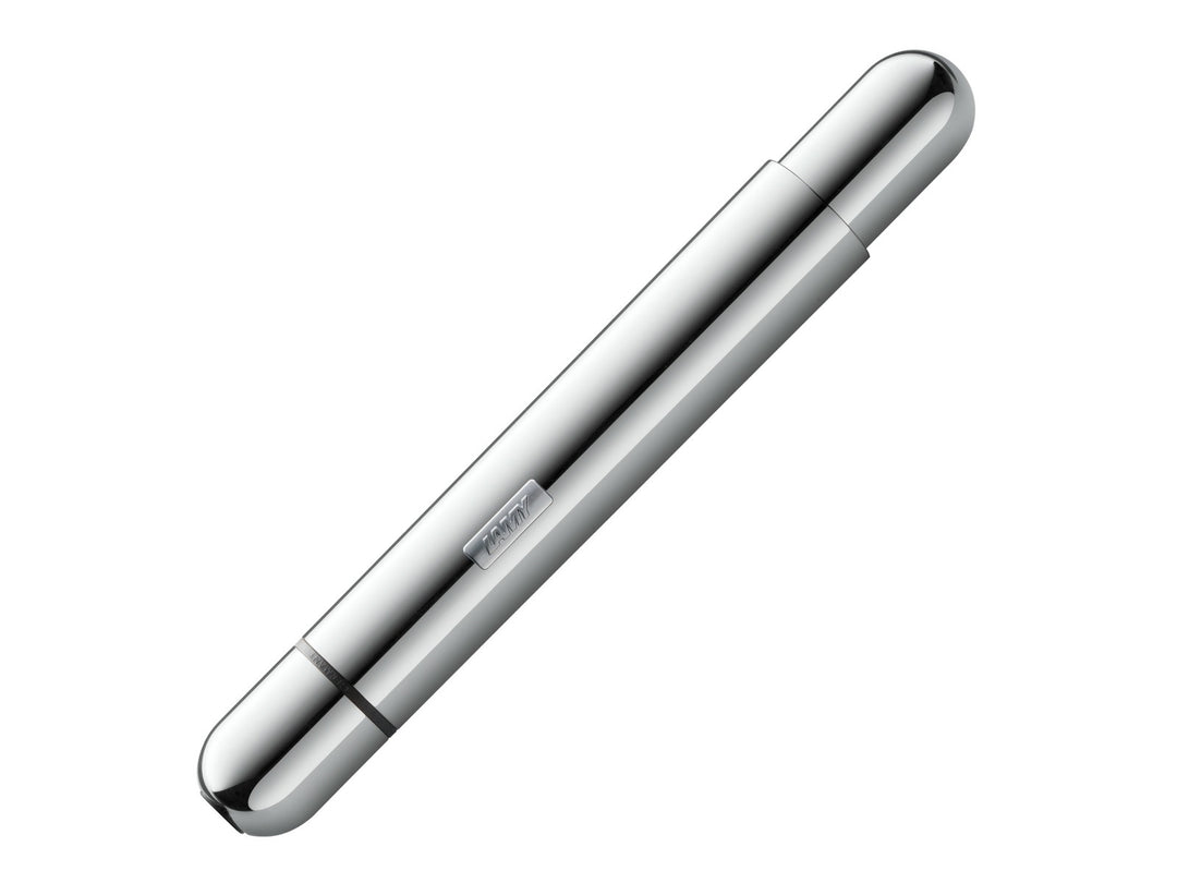 LAMY pico ballpoint pen in chrome shown in its compact pocket-sized form with highly polished chrome finish and integrated push-button mechanism