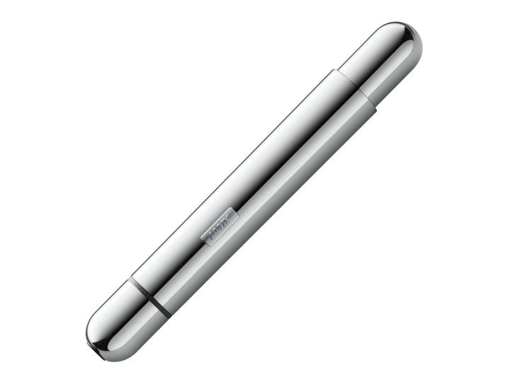LAMY pico ballpoint pen in chrome shown in its compact pocket-sized form with highly polished chrome finish and integrated push-button mechanism