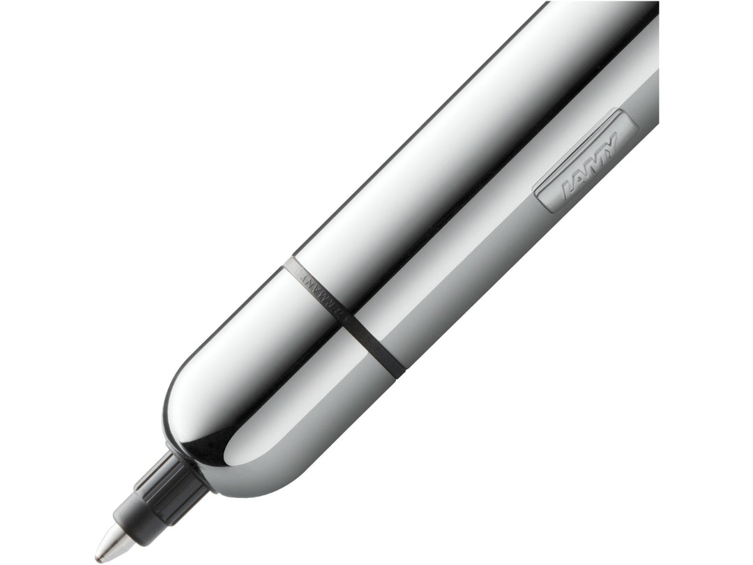 Close-up of the LAMY pico ballpoint pen in chrome, showing the extended writing tip, polished chrome finish and compact pocket-sized design