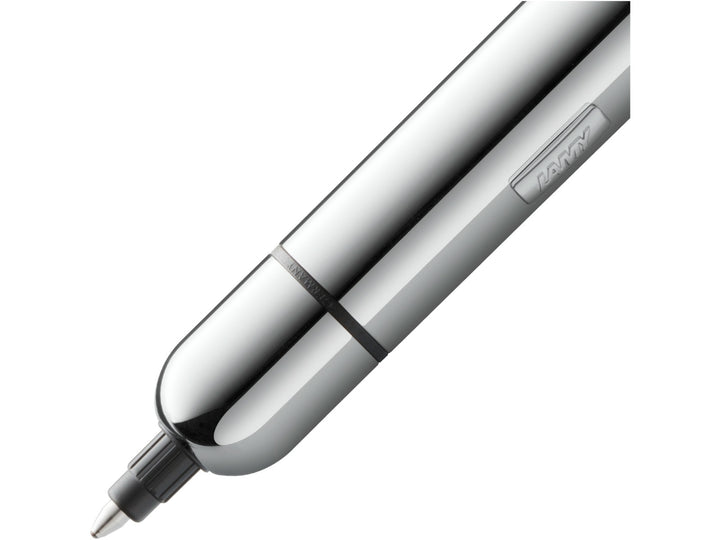 Close-up of the LAMY pico ballpoint pen in chrome, showing the extended writing tip, polished chrome finish and compact pocket-sized design