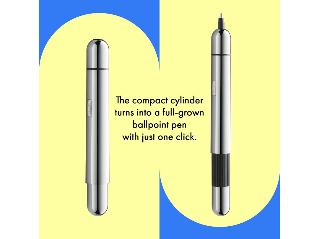 Infographic showing the LAMY pico ballpoint pen transforming from a compact pocket-sized pen into a full-size writing instrument using its innovative double push mechanism