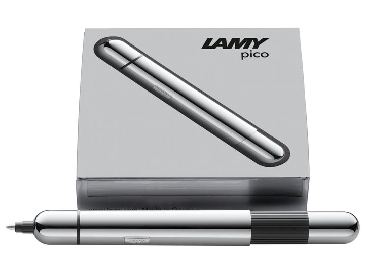 LAMY pico ballpoint pen in chrome displayed with LAMY presentation box, highlighting the polished chrome finish, compact pocket-sized design and innovative double push mechanism