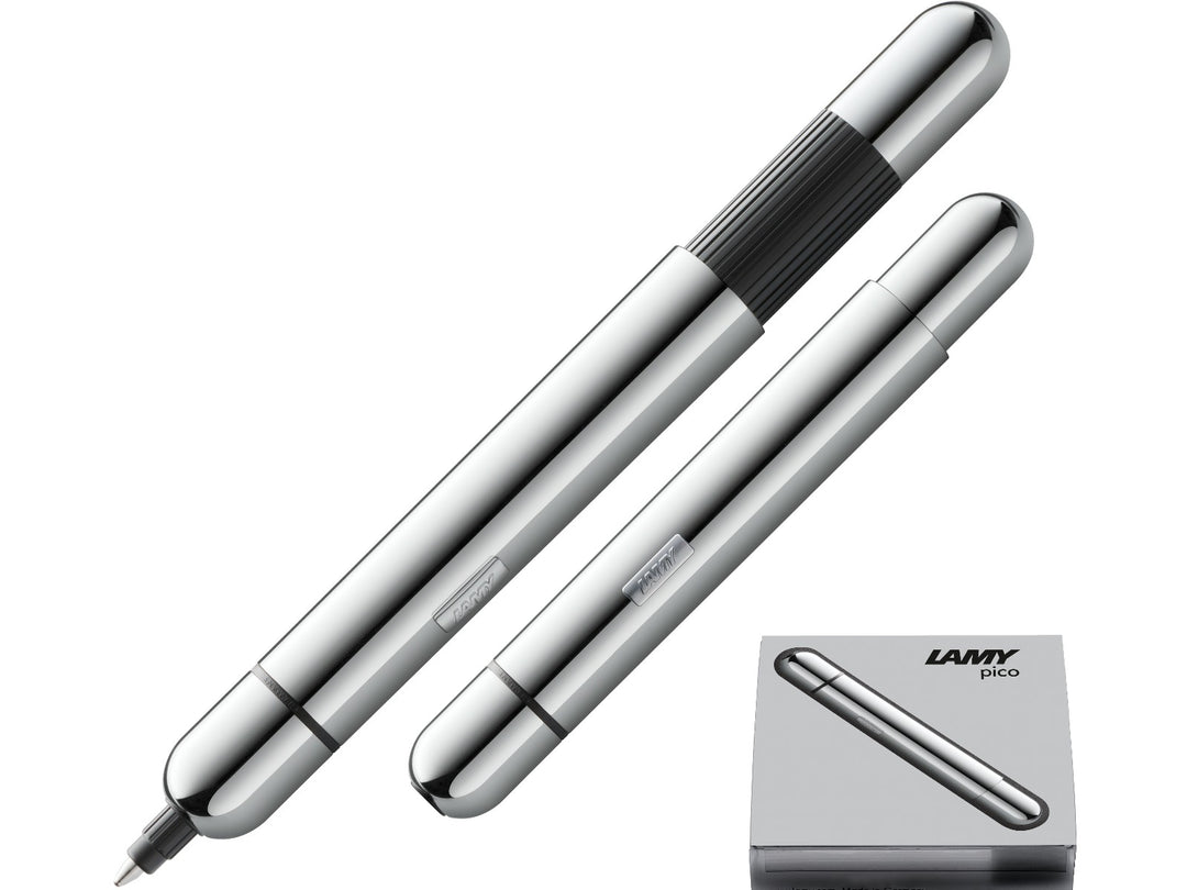 LAMY pico ballpoint pen in chrome shown in both compact and extended writing positions with LAMY gift box