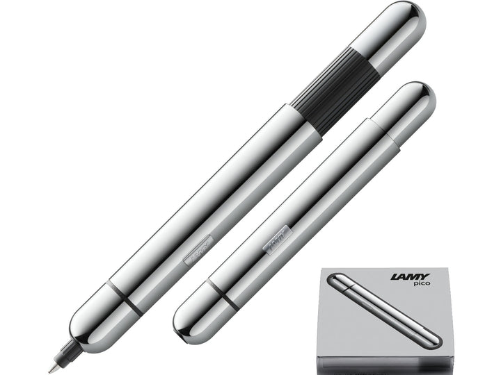 LAMY pico ballpoint pen in chrome shown in both compact and extended writing positions with LAMY gift box