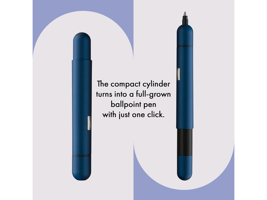 Infographic showing the LAMY pico ballpoint pen in imperial blue transforming from a compact pocket-sized pen into a full-size writing instrument with its innovative double push mechanism