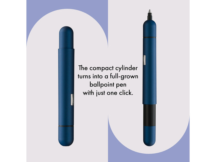 Infographic showing the LAMY pico ballpoint pen in imperial blue transforming from a compact pocket-sized pen into a full-size writing instrument with its innovative double push mechanism