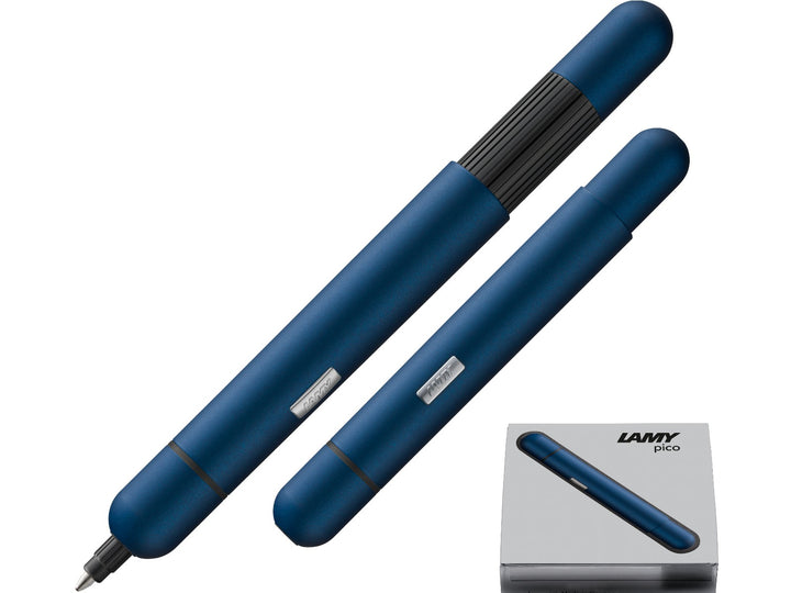 LAMY pico ballpoint pen in imperial blue shown in both compact and extended writing positions with LAMY gift box