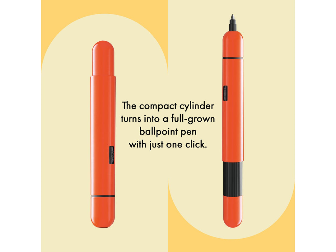 Infographic showing the LAMY pico ballpoint pen in laser orange transforming from a compact pocket-sized pen into a full-size writing instrument with its innovative double push mechanism.