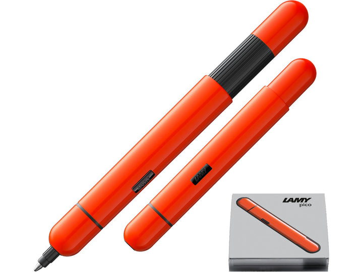LAMY pico ballpoint pen in laser orange shown in both compact and extended writing positions with LAMY gift box.