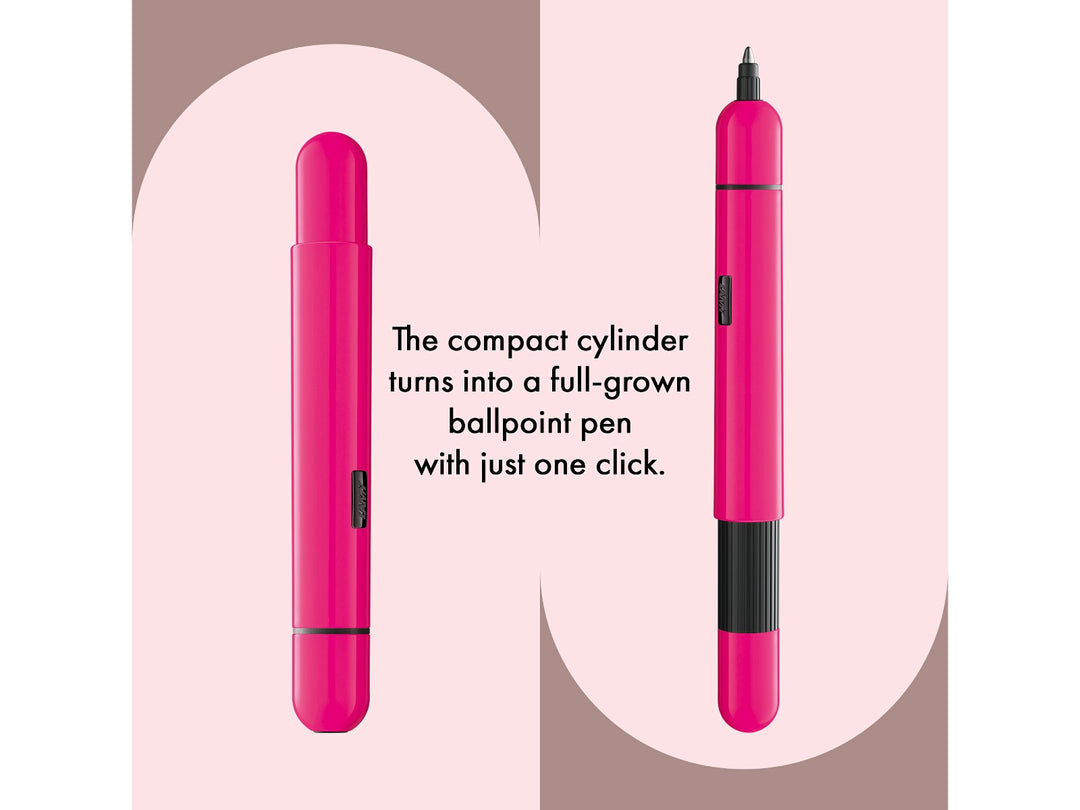 Infographic showing the LAMY pico ballpoint pen in neon pink transforming from a compact pocket-sized pen into a full-size writing instrument with its innovative double push mechanism.