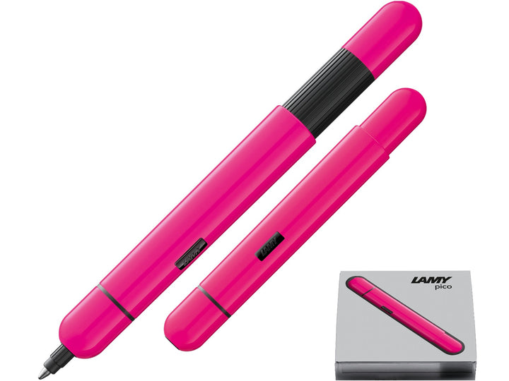 LAMY pico ballpoint pen in neon pink shown in both compact and extended writing positions with LAMY gift box.