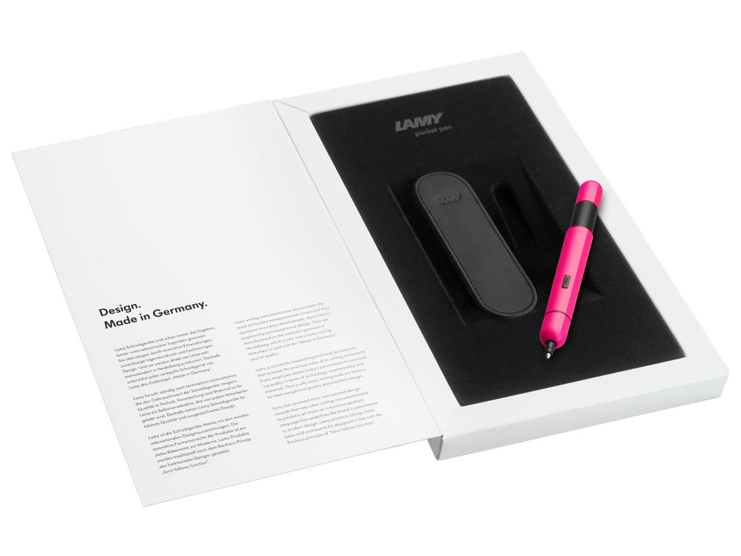 LAMY pico ballpoint pen set in neon pink with genuine leather pen pouch presented in a premium LAMY gift box.