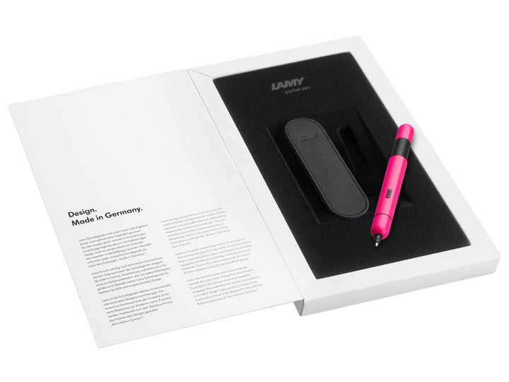 LAMY pico ballpoint pen set in neon pink with genuine leather pen pouch presented in a premium LAMY gift box.