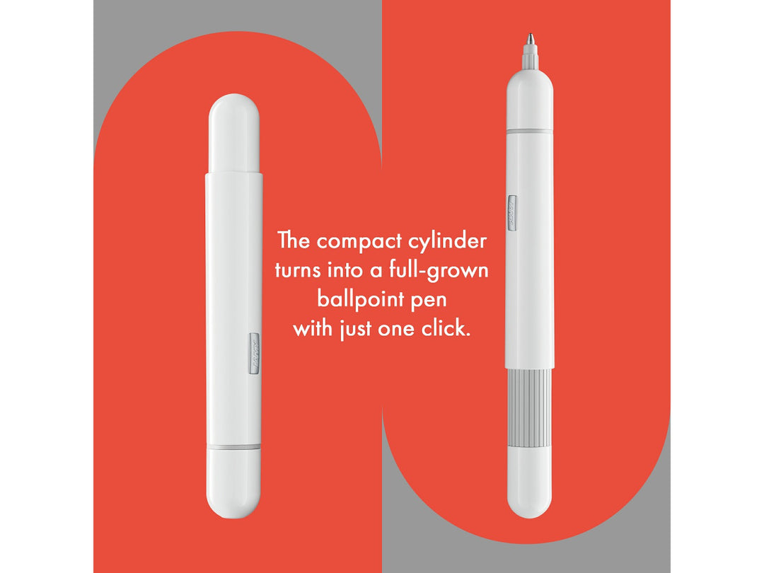 Infographic showing the LAMY pico ballpoint pen in white transforming from a compact pocket-sized pen into a full-size writing instrument with its innovative double push mechanism