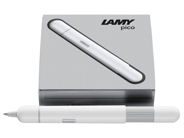 LAMY pico ballpoint pen in white displayed with LAMY presentation box, highlighting the compact pocket-sized design and innovative double push mechanism