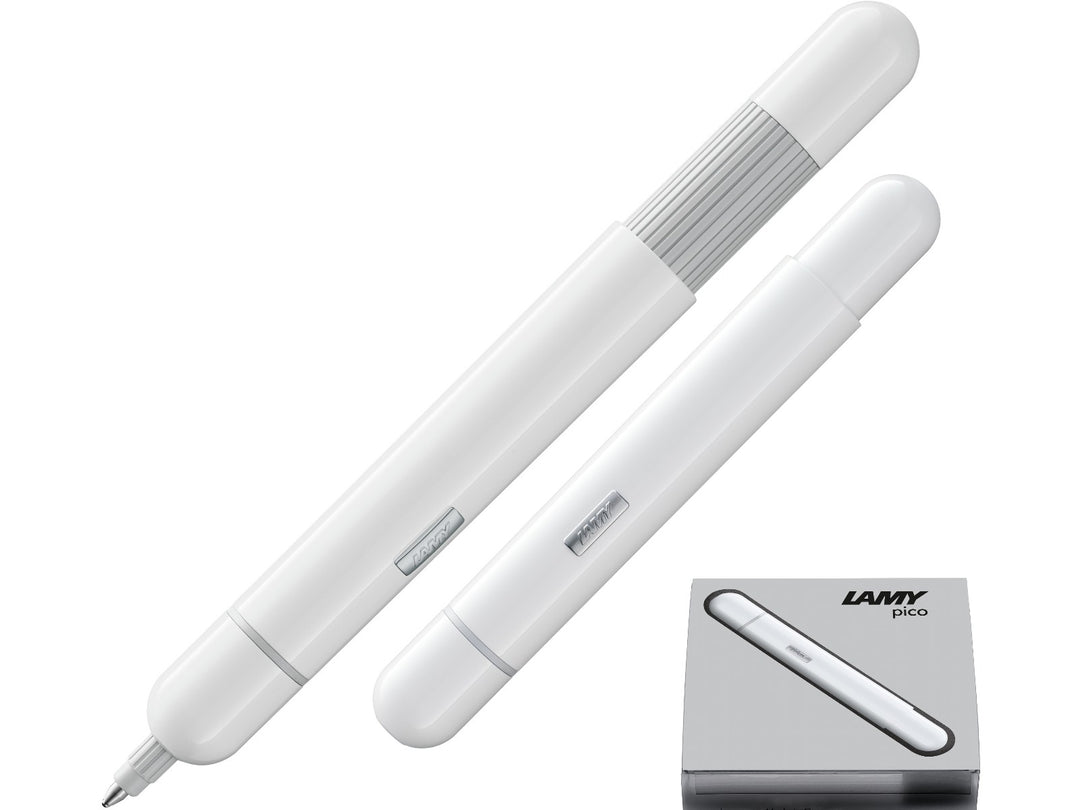 LAMY pico ballpoint pen in white shown in both compact and extended writing positions with LAMY gift box.