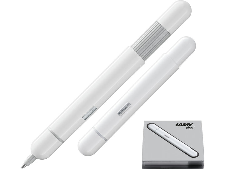 LAMY pico ballpoint pen in white shown in both compact and extended writing positions with LAMY gift box.