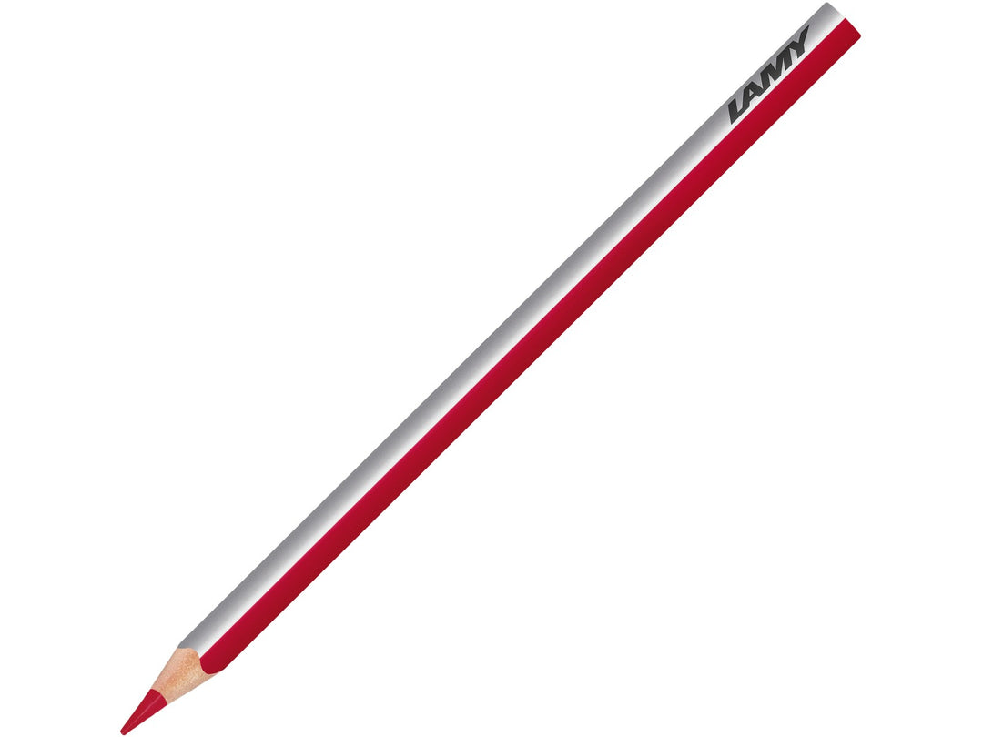 LAMY plus colour pencil in Alizarin Crimson featuring a silver and crimson triangular barrel, high-quality colour core and ergonomic design for colouring, drawing, sketching and creative artwork