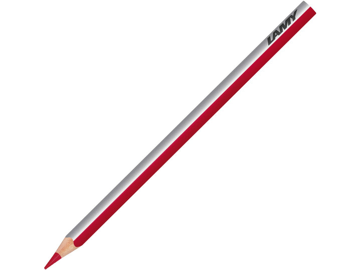 LAMY plus colour pencil in Alizarin Crimson featuring a silver and crimson triangular barrel, high-quality colour core and ergonomic design for colouring, drawing, sketching and creative artwork