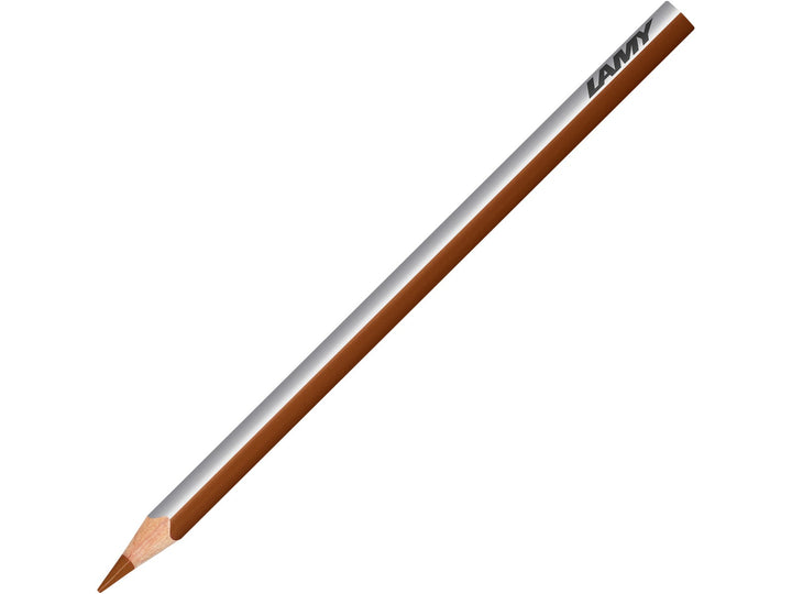 LAMY plus colour pencil in Burnt Ochre featuring a silver and brown triangular barrel, high-quality colour core and ergonomic design for colouring, drawing, sketching and creative artwork