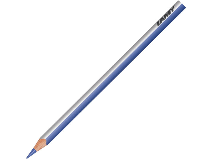 LAMY plus colour pencil in Cobalt Blue featuring a silver and blue triangular barrel, high-quality colour core and ergonomic design for colouring, drawing, sketching and creative artwork