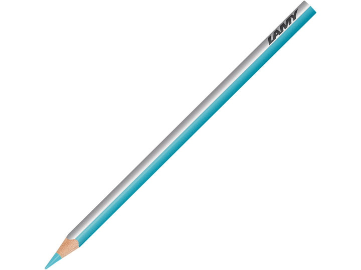 LAMY plus colour pencil in Cobalt Turquoise Glaze featuring a silver and blue triangular barrel, high-quality colour core and ergonomic design for colouring, drawing, sketching and creative artwork