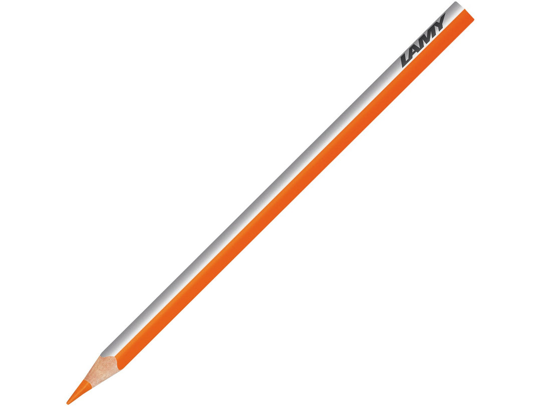 LAMY plus colour pencil in Dark Cadmium Orange featuring a silver and orange triangular barrel, high-quality colour core and ergonomic design for colouring, drawing, sketching and creative artwork