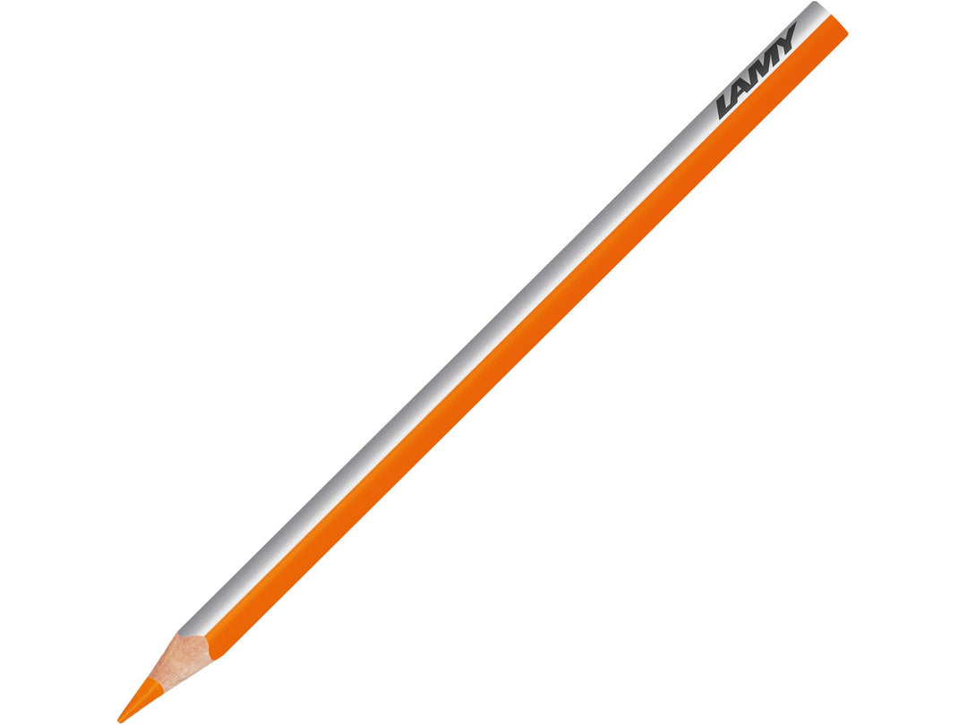 LAMY plus colour pencil in Dark Chrome Yellow featuring a silver and orange triangular barrel, high-quality colour core and ergonomic design for colouring, drawing, sketching and creative artwork