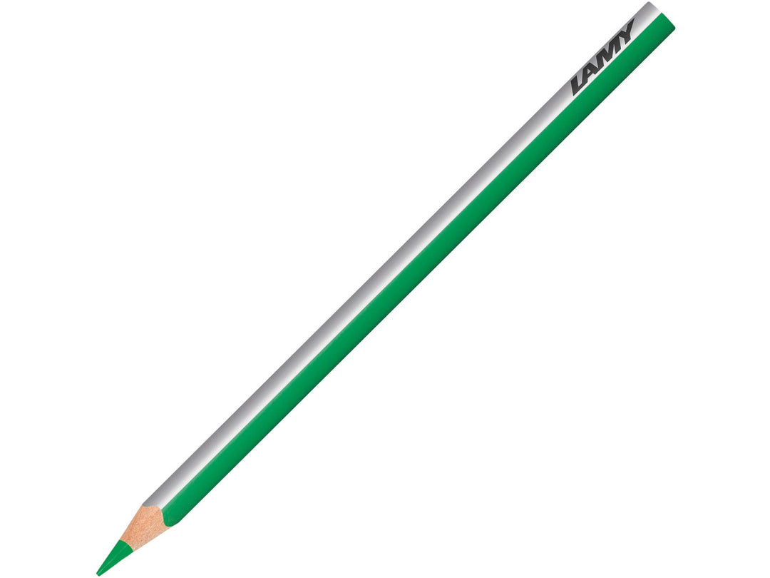 LAMY plus colour pencil in Emerald Green featuring a silver and green triangular barrel, high-quality colour core and ergonomic design for colouring, drawing, sketching and creative artwork