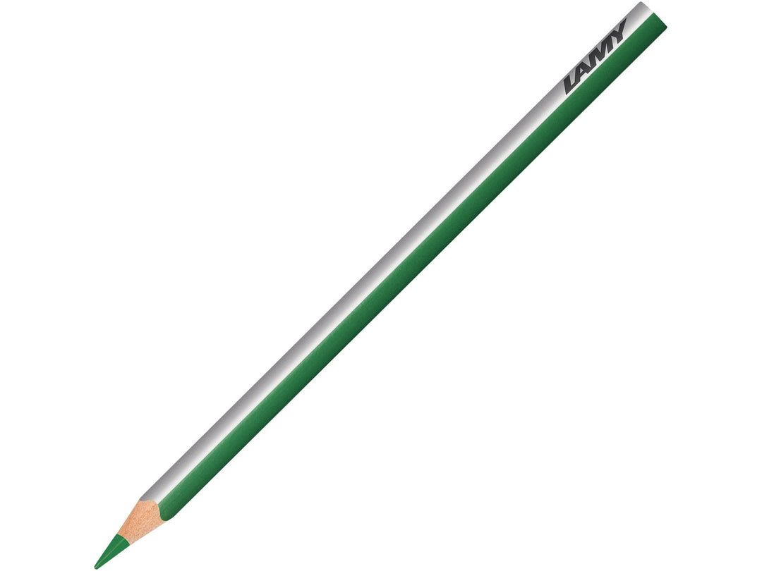 LAMY plus colour pencil in Grass Green featuring a silver and green triangular barrel, high-quality colour core and ergonomic design for colouring, drawing, sketching and creative artwork